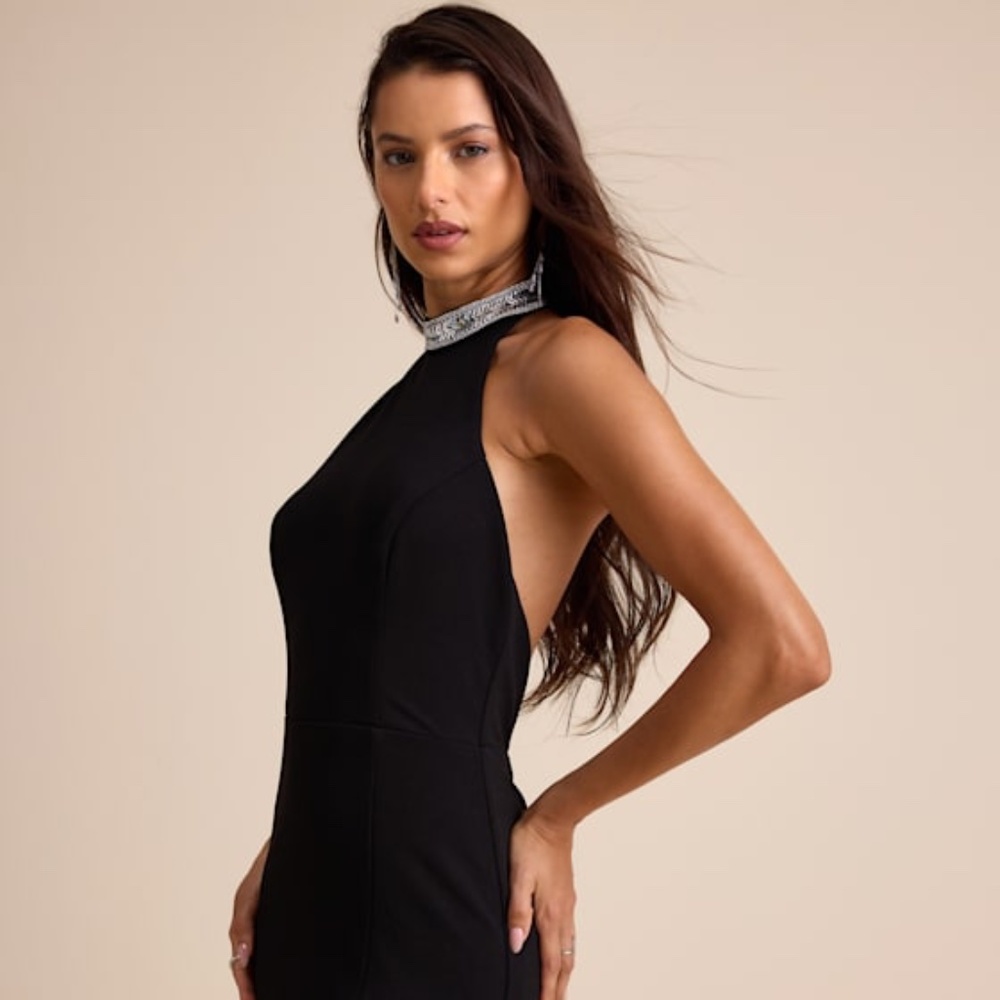 NWT Lulus Immaculate Class Black Rhinestone Halter Maxi Dress - Size S